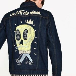 limited edition dark blue Zara x Milicia Grafica denim jacket